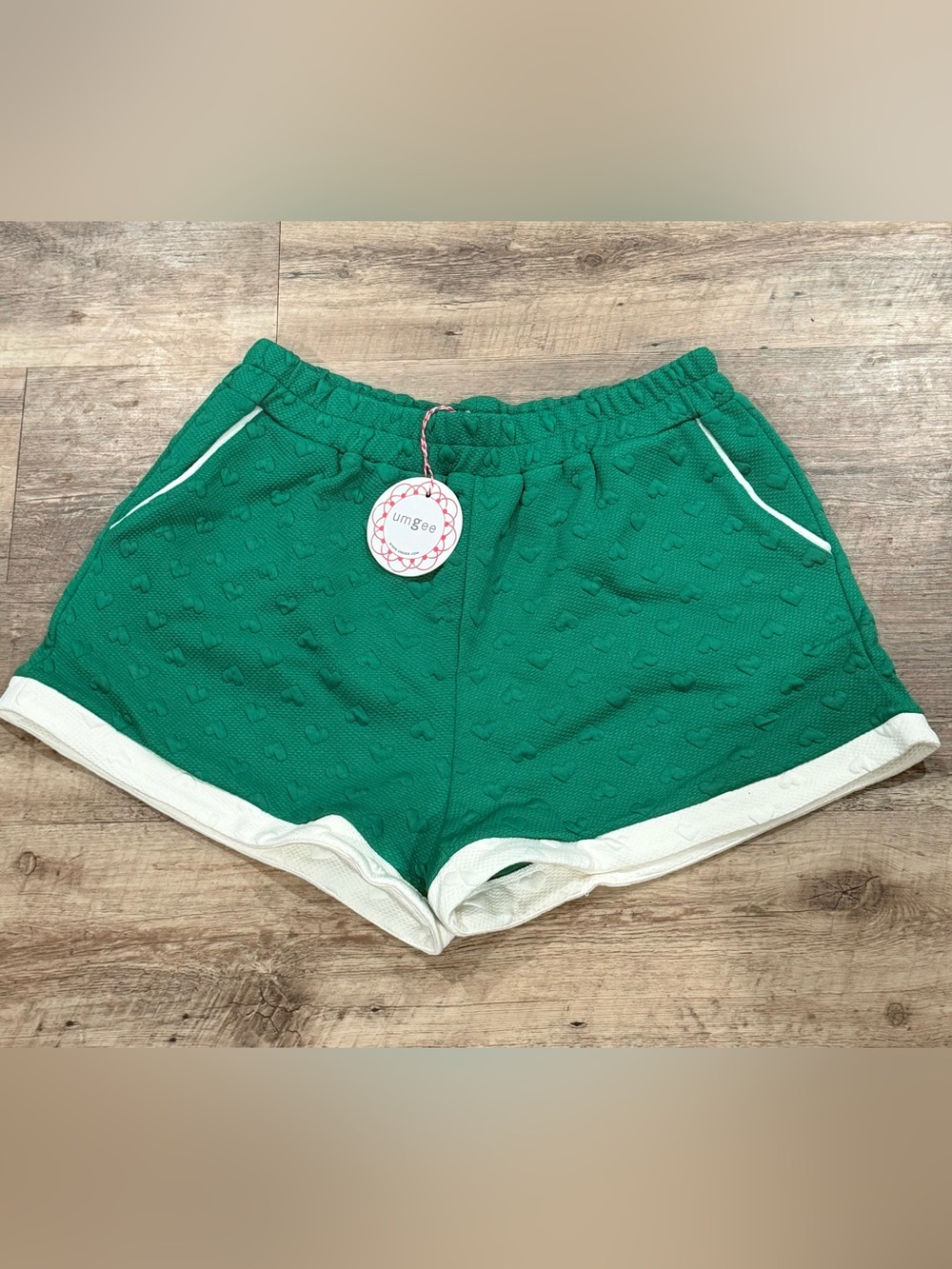 Umgee Emerald Green Heart-Textured Athletic Shorts either Off White Trim